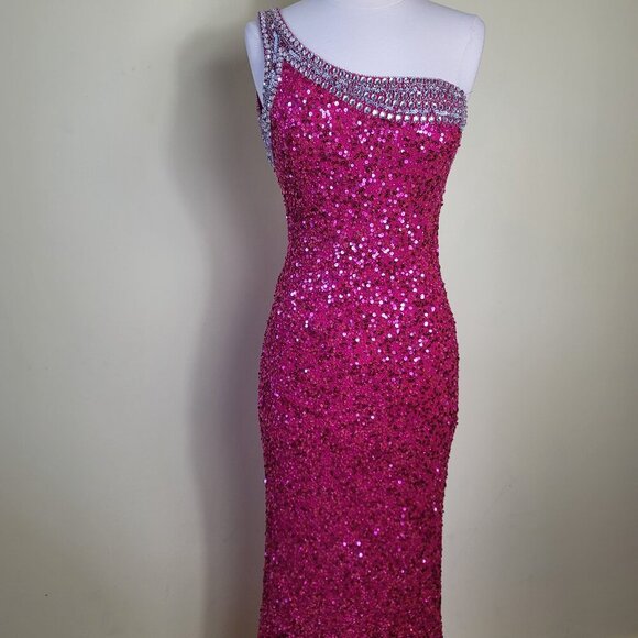 Scala Dresses & Skirts - Scala Vintage Hot Pink 100% Silk Crystal Sequin Open Back Women's Gown | Size 4